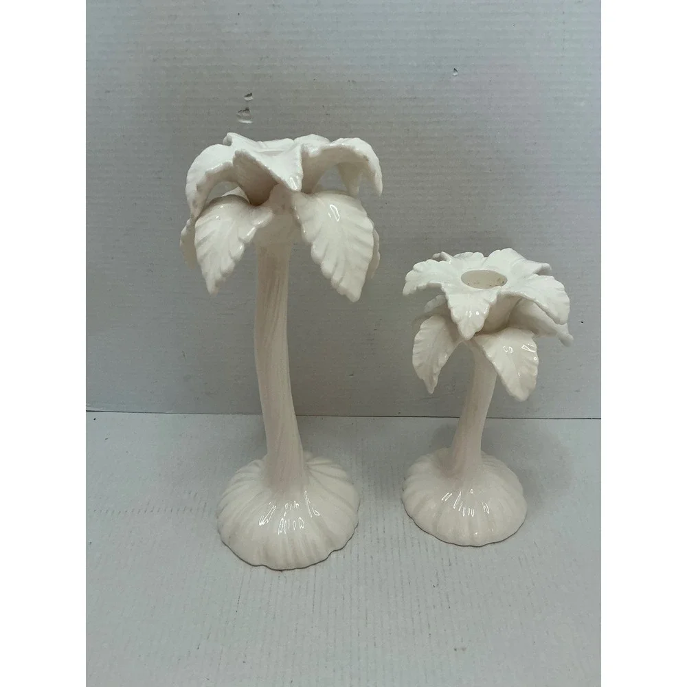 Fitz and Floyd Vintage Palm Tree Candle Holders White Ceramic Tropical Set of 2